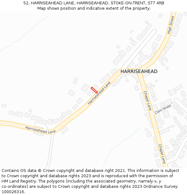 52, HARRISEAHEAD LANE, HARRISEAHEAD, STOKE-ON-TRENT, ST7 4RB: Location map and indicative extent of plot