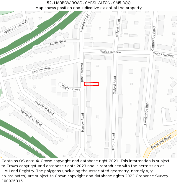 52, HARROW ROAD, CARSHALTON, SM5 3QQ: Location map and indicative extent of plot