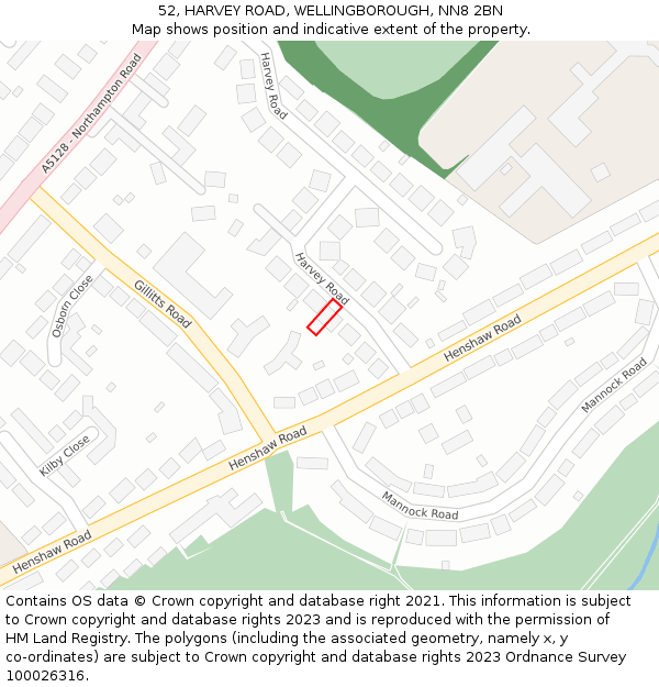 52, HARVEY ROAD, WELLINGBOROUGH, NN8 2BN: Location map and indicative extent of plot