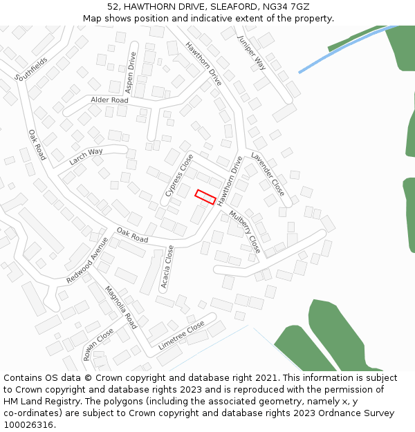 52, HAWTHORN DRIVE, SLEAFORD, NG34 7GZ: Location map and indicative extent of plot