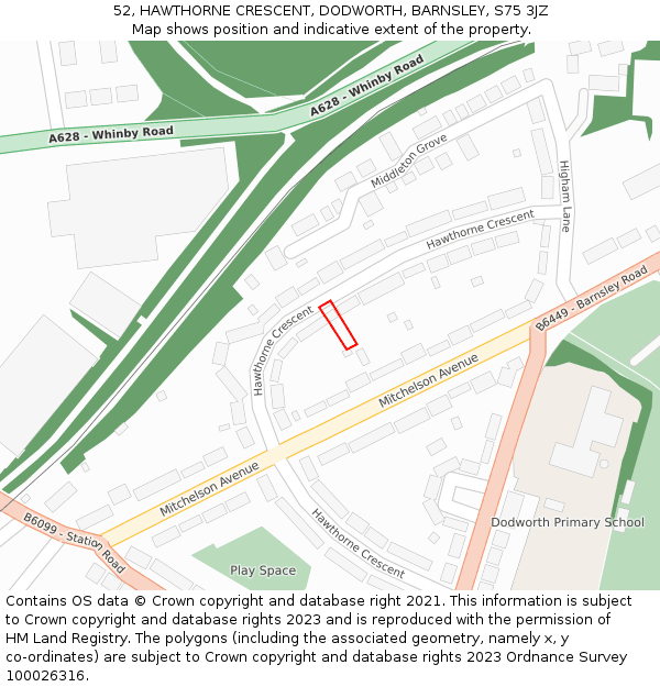 52, HAWTHORNE CRESCENT, DODWORTH, BARNSLEY, S75 3JZ: Location map and indicative extent of plot