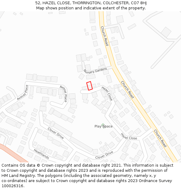 52, HAZEL CLOSE, THORRINGTON, COLCHESTER, CO7 8HJ: Location map and indicative extent of plot