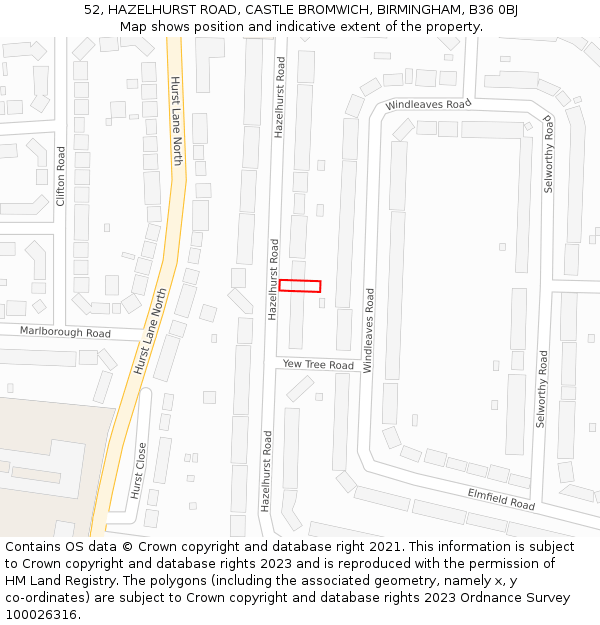 52, HAZELHURST ROAD, CASTLE BROMWICH, BIRMINGHAM, B36 0BJ: Location map and indicative extent of plot