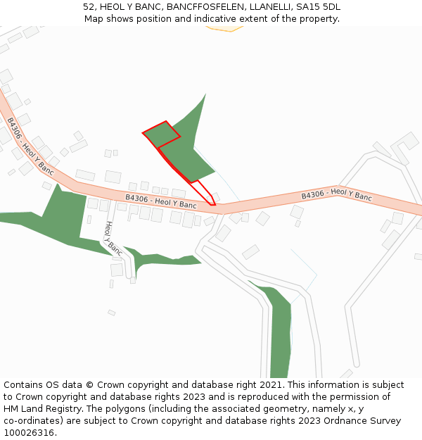 52, HEOL Y BANC, BANCFFOSFELEN, LLANELLI, SA15 5DL: Location map and indicative extent of plot