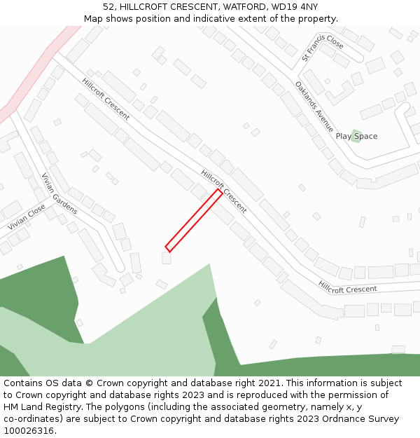 52, HILLCROFT CRESCENT, WATFORD, WD19 4NY: Location map and indicative extent of plot