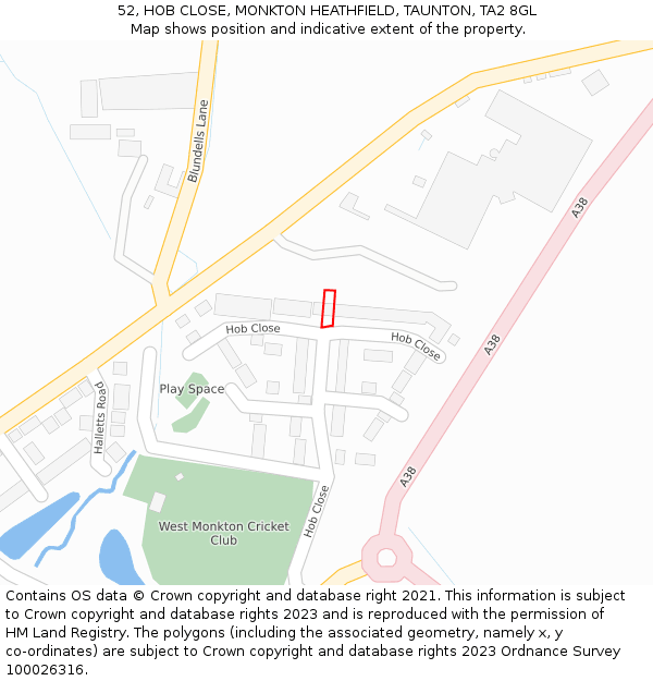 52, HOB CLOSE, MONKTON HEATHFIELD, TAUNTON, TA2 8GL: Location map and indicative extent of plot