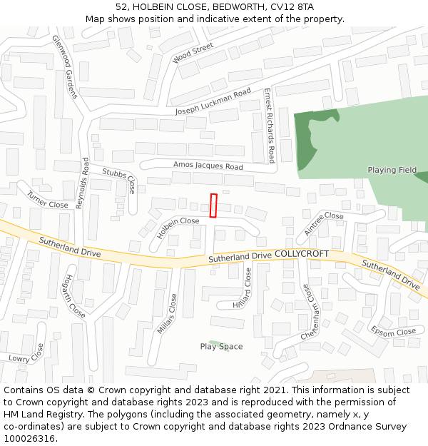 52, HOLBEIN CLOSE, BEDWORTH, CV12 8TA: Location map and indicative extent of plot