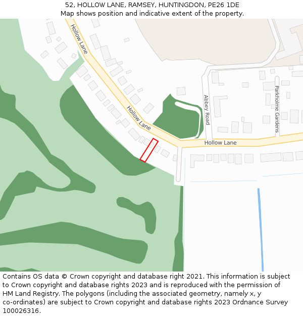 52, HOLLOW LANE, RAMSEY, HUNTINGDON, PE26 1DE: Location map and indicative extent of plot