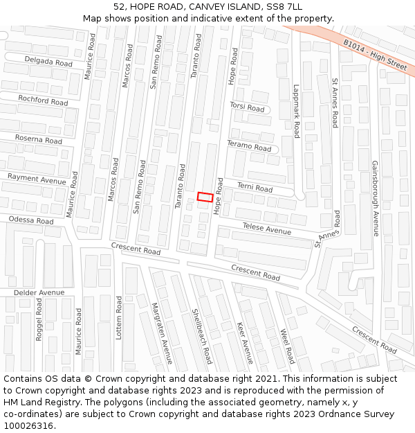 52, HOPE ROAD, CANVEY ISLAND, SS8 7LL: Location map and indicative extent of plot