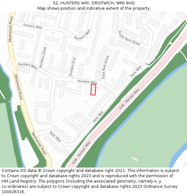 52, HUNTERS WAY, DROITWICH, WR9 9HQ: Location map and indicative extent of plot