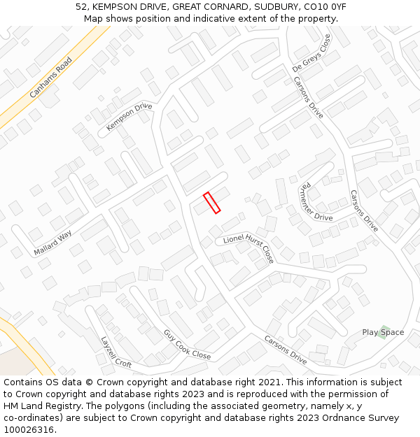 52, KEMPSON DRIVE, GREAT CORNARD, SUDBURY, CO10 0YF: Location map and indicative extent of plot