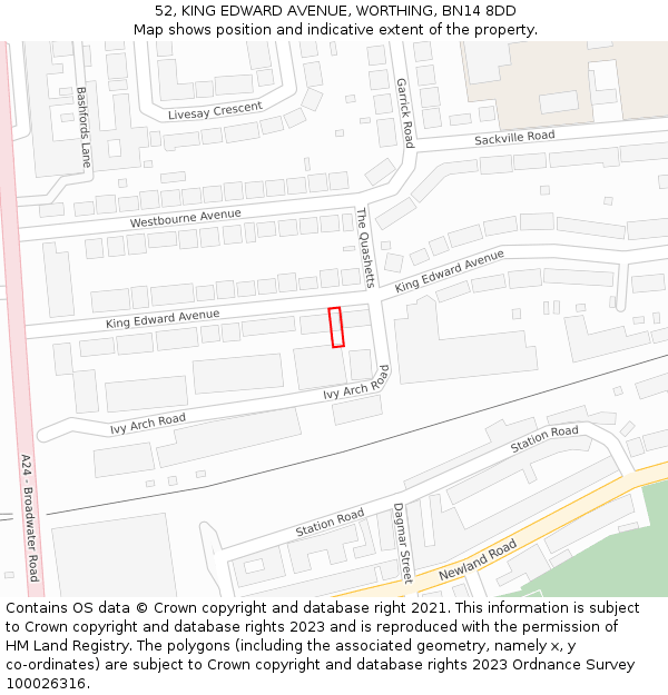52, KING EDWARD AVENUE, WORTHING, BN14 8DD: Location map and indicative extent of plot