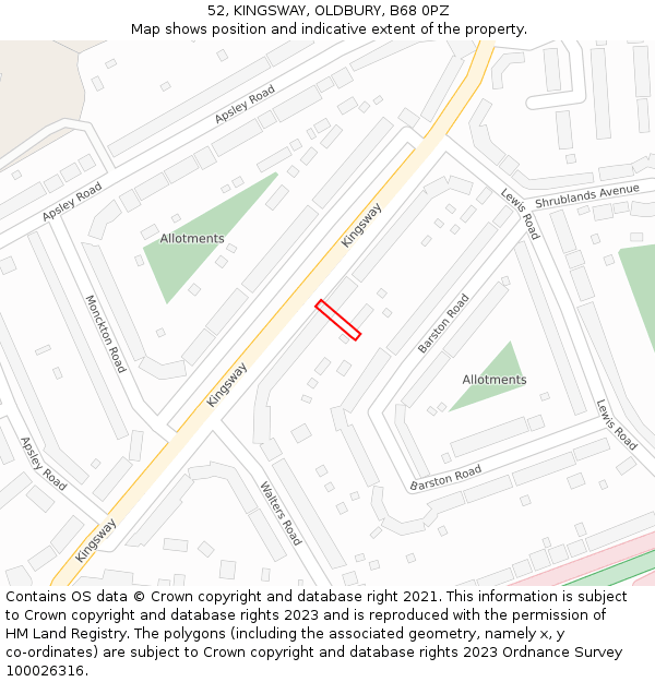 52, KINGSWAY, OLDBURY, B68 0PZ: Location map and indicative extent of plot