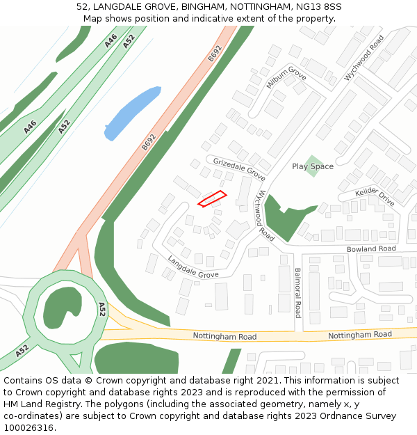 52, LANGDALE GROVE, BINGHAM, NOTTINGHAM, NG13 8SS: Location map and indicative extent of plot