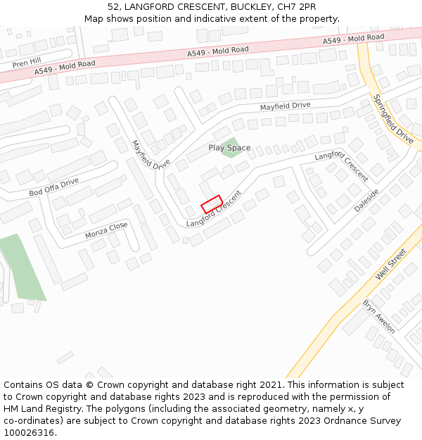 52, LANGFORD CRESCENT, BUCKLEY, CH7 2PR: Location map and indicative extent of plot