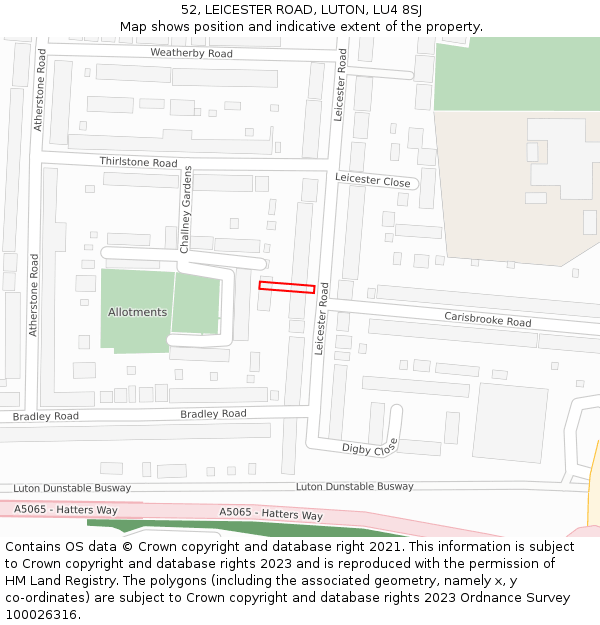 52, LEICESTER ROAD, LUTON, LU4 8SJ: Location map and indicative extent of plot