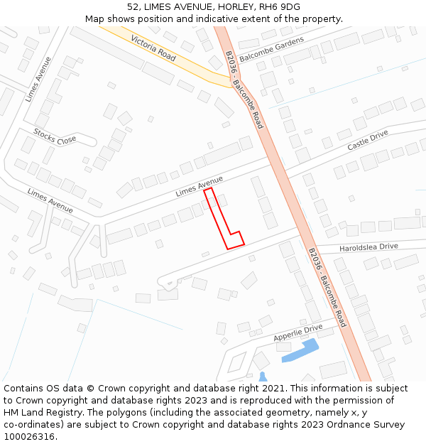 52, LIMES AVENUE, HORLEY, RH6 9DG: Location map and indicative extent of plot