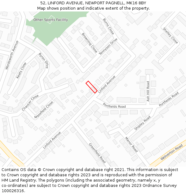 52, LINFORD AVENUE, NEWPORT PAGNELL, MK16 8BY: Location map and indicative extent of plot