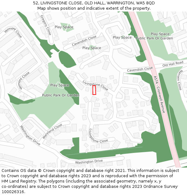 52, LIVINGSTONE CLOSE, OLD HALL, WARRINGTON, WA5 8QD: Location map and indicative extent of plot