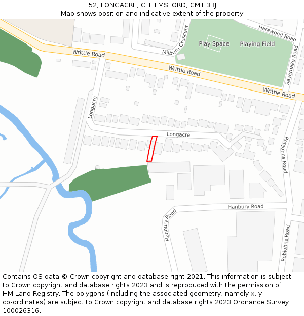 52, LONGACRE, CHELMSFORD, CM1 3BJ: Location map and indicative extent of plot