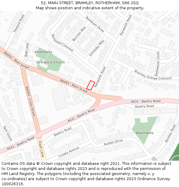 52, MAIN STREET, BRAMLEY, ROTHERHAM, S66 2SQ: Location map and indicative extent of plot