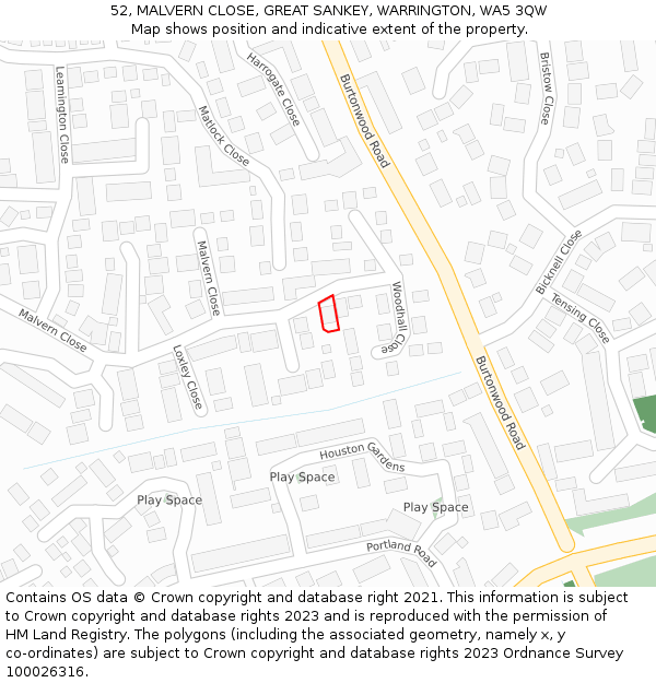 52, MALVERN CLOSE, GREAT SANKEY, WARRINGTON, WA5 3QW: Location map and indicative extent of plot