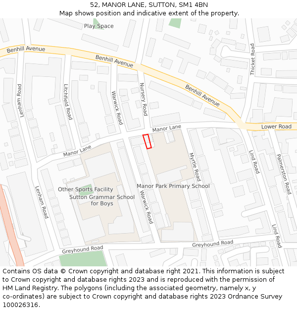 52, MANOR LANE, SUTTON, SM1 4BN: Location map and indicative extent of plot