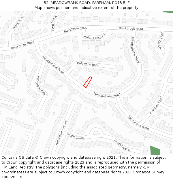 52, MEADOWBANK ROAD, FAREHAM, PO15 5LE: Location map and indicative extent of plot