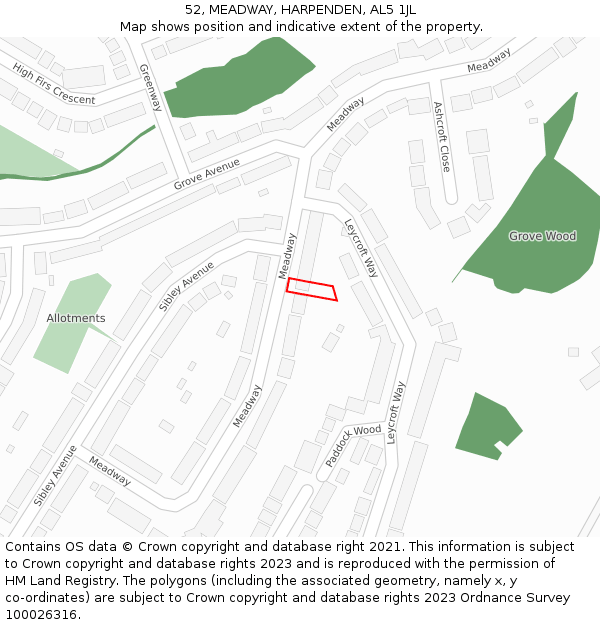52, MEADWAY, HARPENDEN, AL5 1JL: Location map and indicative extent of plot