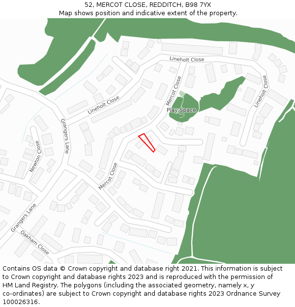 52, MERCOT CLOSE, REDDITCH, B98 7YX: Location map and indicative extent of plot