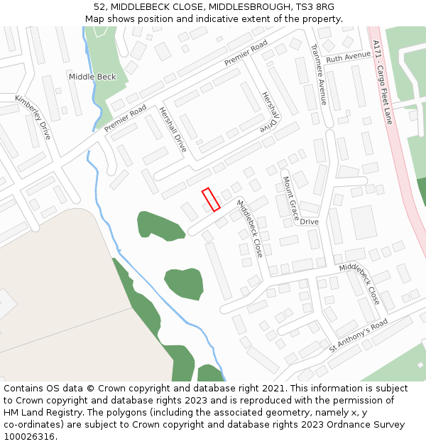 52, MIDDLEBECK CLOSE, MIDDLESBROUGH, TS3 8RG: Location map and indicative extent of plot