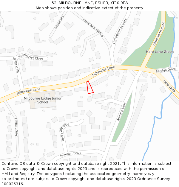 52, MILBOURNE LANE, ESHER, KT10 9EA: Location map and indicative extent of plot