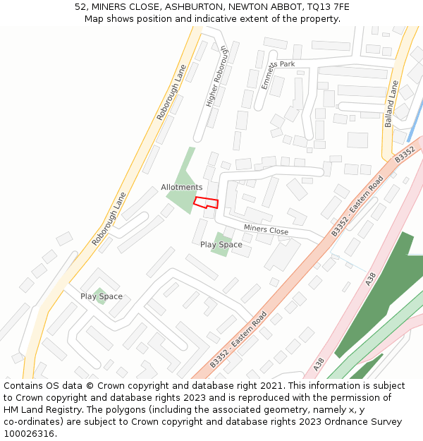 52, MINERS CLOSE, ASHBURTON, NEWTON ABBOT, TQ13 7FE: Location map and indicative extent of plot