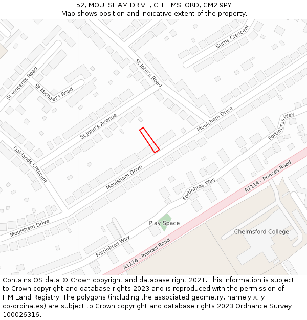 52, MOULSHAM DRIVE, CHELMSFORD, CM2 9PY: Location map and indicative extent of plot