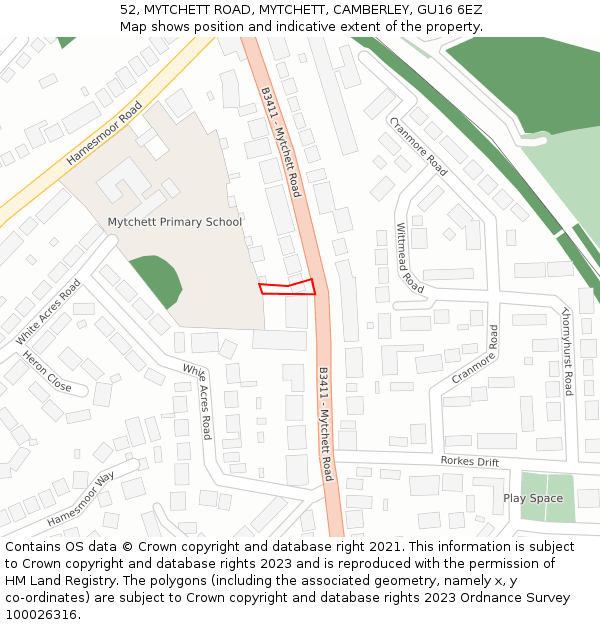 52, MYTCHETT ROAD, MYTCHETT, CAMBERLEY, GU16 6EZ: Location map and indicative extent of plot