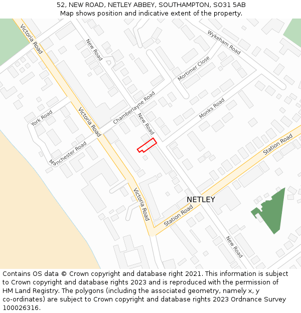 52, NEW ROAD, NETLEY ABBEY, SOUTHAMPTON, SO31 5AB: Location map and indicative extent of plot