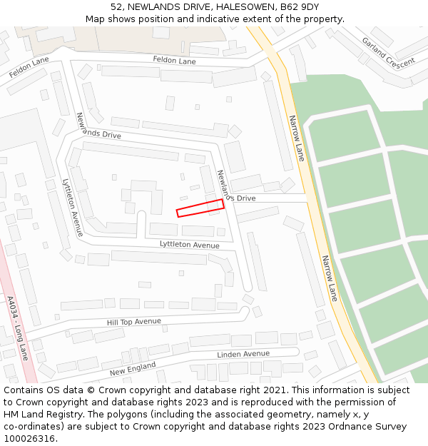 52, NEWLANDS DRIVE, HALESOWEN, B62 9DY: Location map and indicative extent of plot