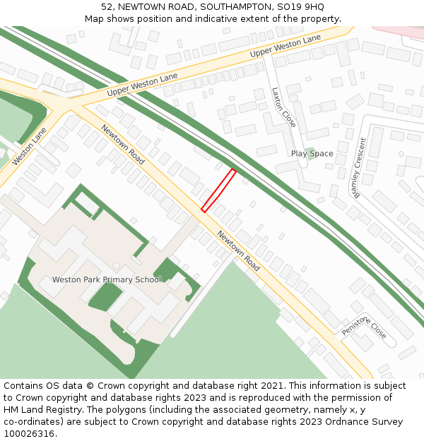 52, NEWTOWN ROAD, SOUTHAMPTON, SO19 9HQ: Location map and indicative extent of plot