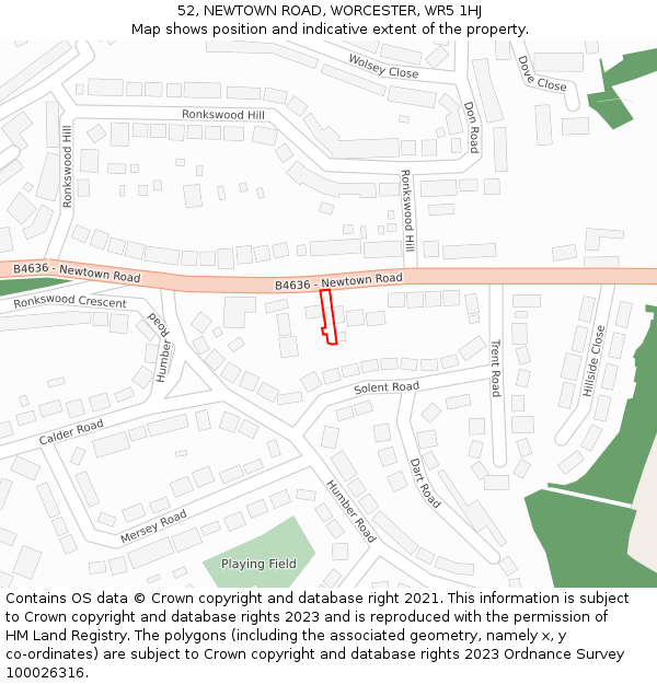 52, NEWTOWN ROAD, WORCESTER, WR5 1HJ: Location map and indicative extent of plot