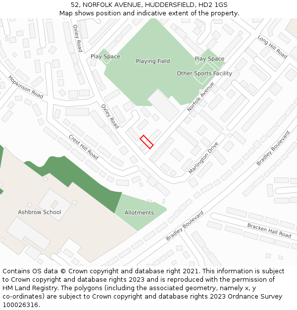 52, NORFOLK AVENUE, HUDDERSFIELD, HD2 1GS: Location map and indicative extent of plot