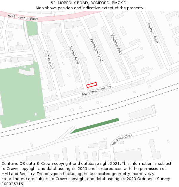 52, NORFOLK ROAD, ROMFORD, RM7 9DL: Location map and indicative extent of plot