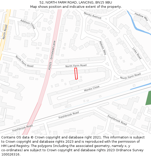 52, NORTH FARM ROAD, LANCING, BN15 9BU: Location map and indicative extent of plot