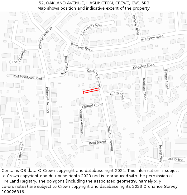 52, OAKLAND AVENUE, HASLINGTON, CREWE, CW1 5PB: Location map and indicative extent of plot