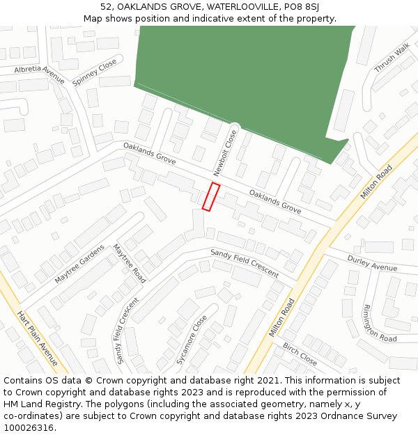 52, OAKLANDS GROVE, WATERLOOVILLE, PO8 8SJ: Location map and indicative extent of plot