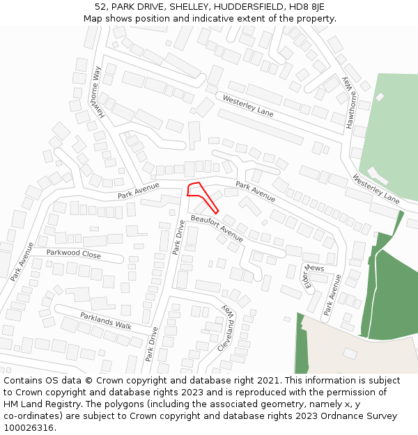 52, PARK DRIVE, SHELLEY, HUDDERSFIELD, HD8 8JE: Location map and indicative extent of plot