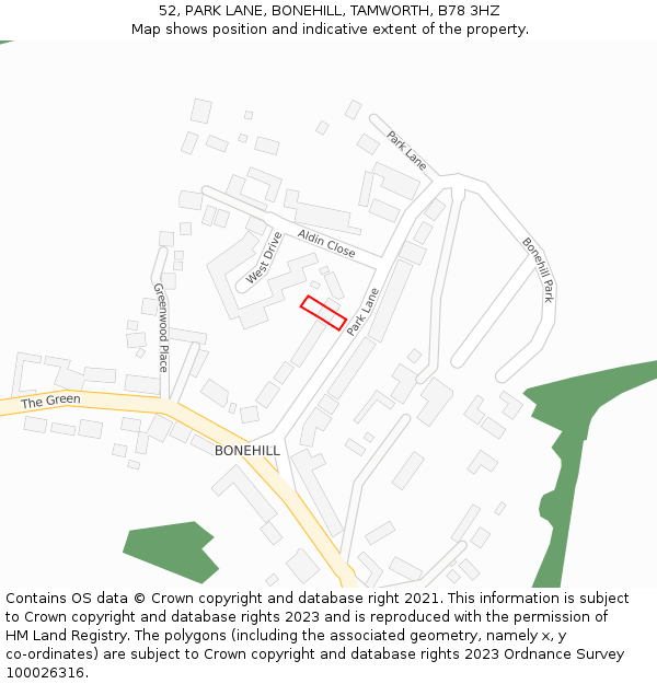 52, PARK LANE, BONEHILL, TAMWORTH, B78 3HZ: Location map and indicative extent of plot