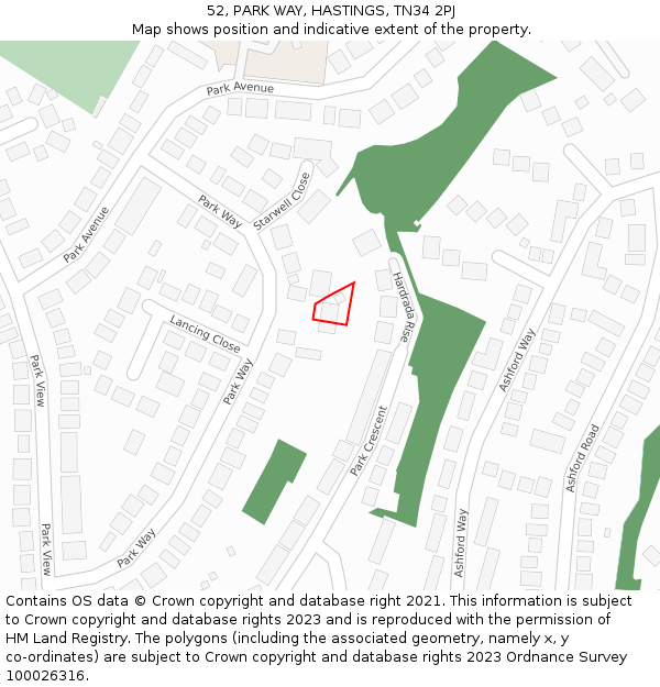 52, PARK WAY, HASTINGS, TN34 2PJ: Location map and indicative extent of plot