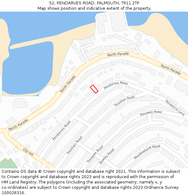 52, PENDARVES ROAD, FALMOUTH, TR11 2TP: Location map and indicative extent of plot