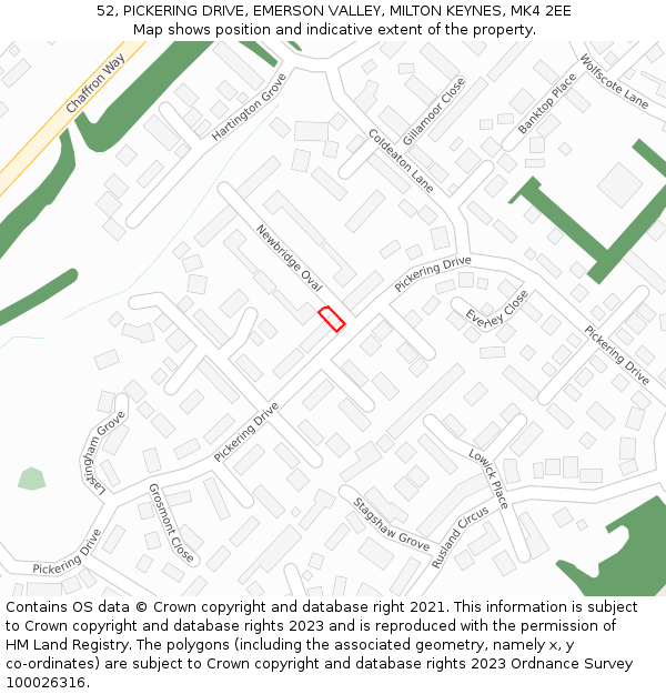 52, PICKERING DRIVE, EMERSON VALLEY, MILTON KEYNES, MK4 2EE: Location map and indicative extent of plot