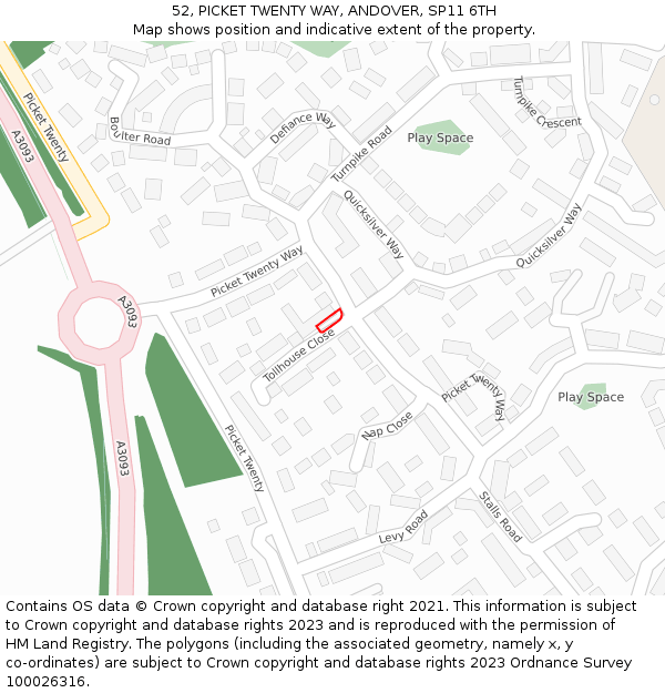 52, PICKET TWENTY WAY, ANDOVER, SP11 6TH: Location map and indicative extent of plot